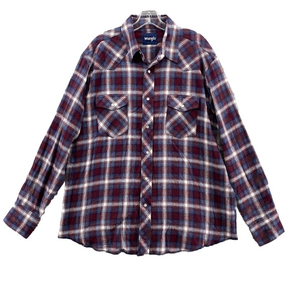 VTG Wrangler Western Shirt Men's Xl Red Plaid Pearl Snap Flannel Workwear Cowboy - Picture 1 of 11